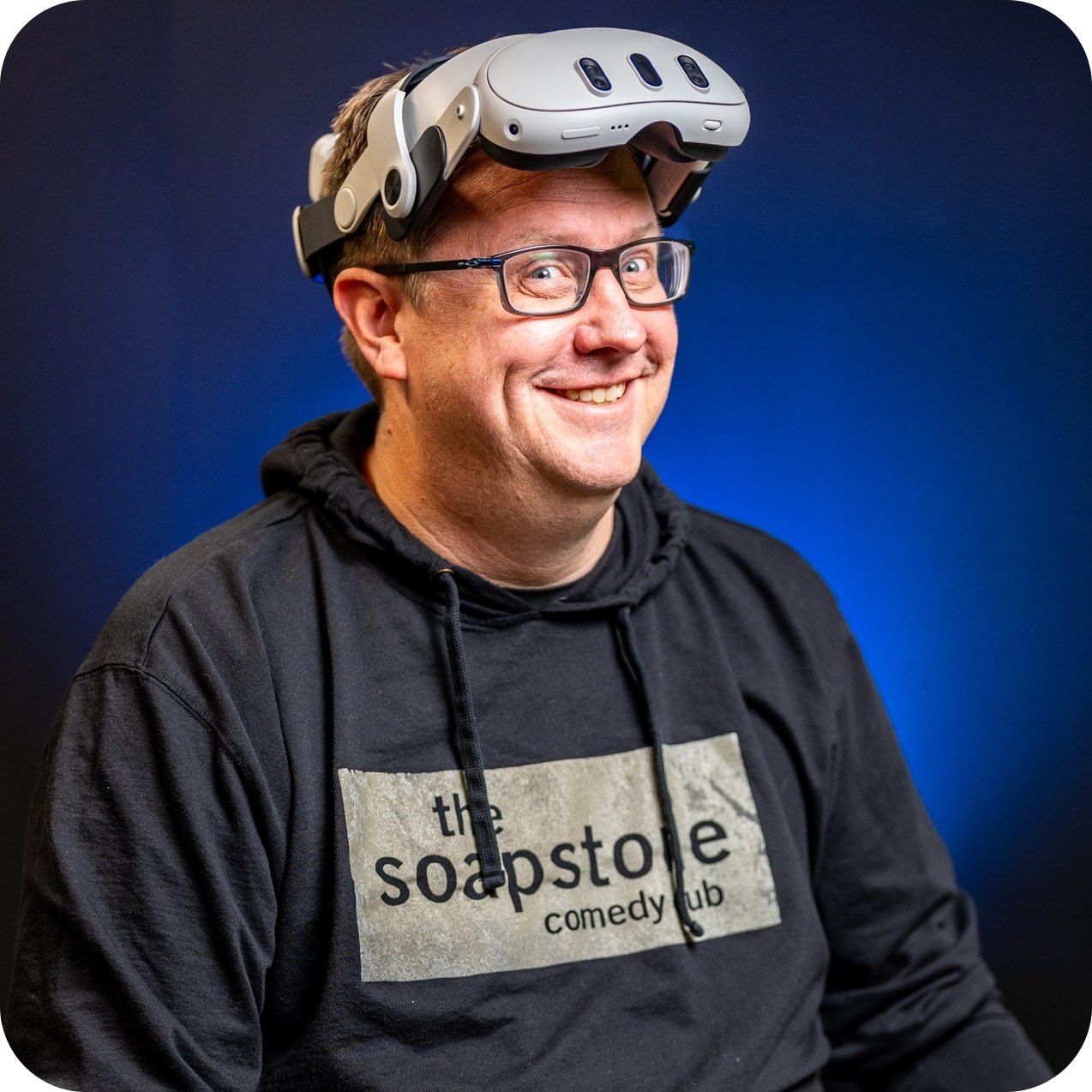 Headshot of Soapstone creator, Aaron Sorrels with VR Headset
